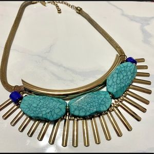 Bold Gold Statement Necklace with Turquoise Accents